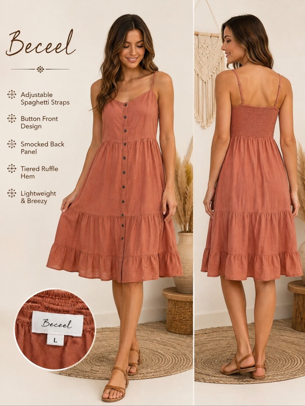 Beceel Tiered Sundress Terracotta Button Front Smocked Back Boho Summer Size L